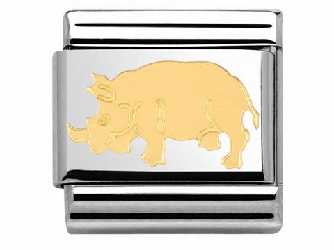 Ein silberner Anhänger mit einem goldenen Nashorn-Motiv, das eine stilisierte Darstellung eines Nashorns zeigt, ideal für Tierliebhaber und Afrika-Fans.