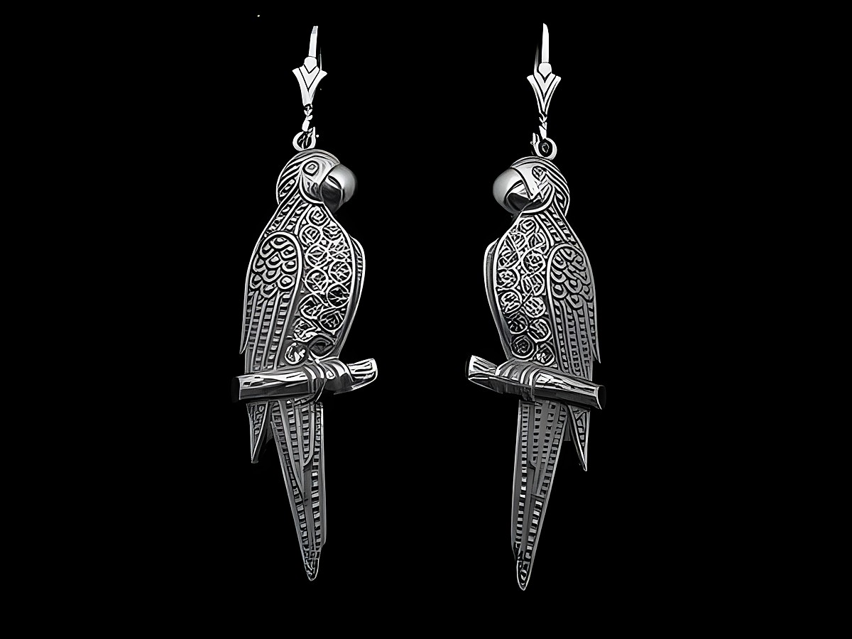 Silber Ohrringe in Form von Papageien mit geschwärztem Design und Zirkonia-Steinen, Hersteller Juwelier Harnisch, tierisch gestaltete Ohrhänger mit Stein.
