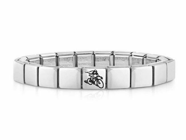 423910149-0 Edelstahl Armband von Nomination mit Radfahrer-Motiv, moderne und stilvolle Gestaltung, ideal für Sportliebhaber und Fans des Radfahrens, hochwertiges Material und langlebige Ausführung.