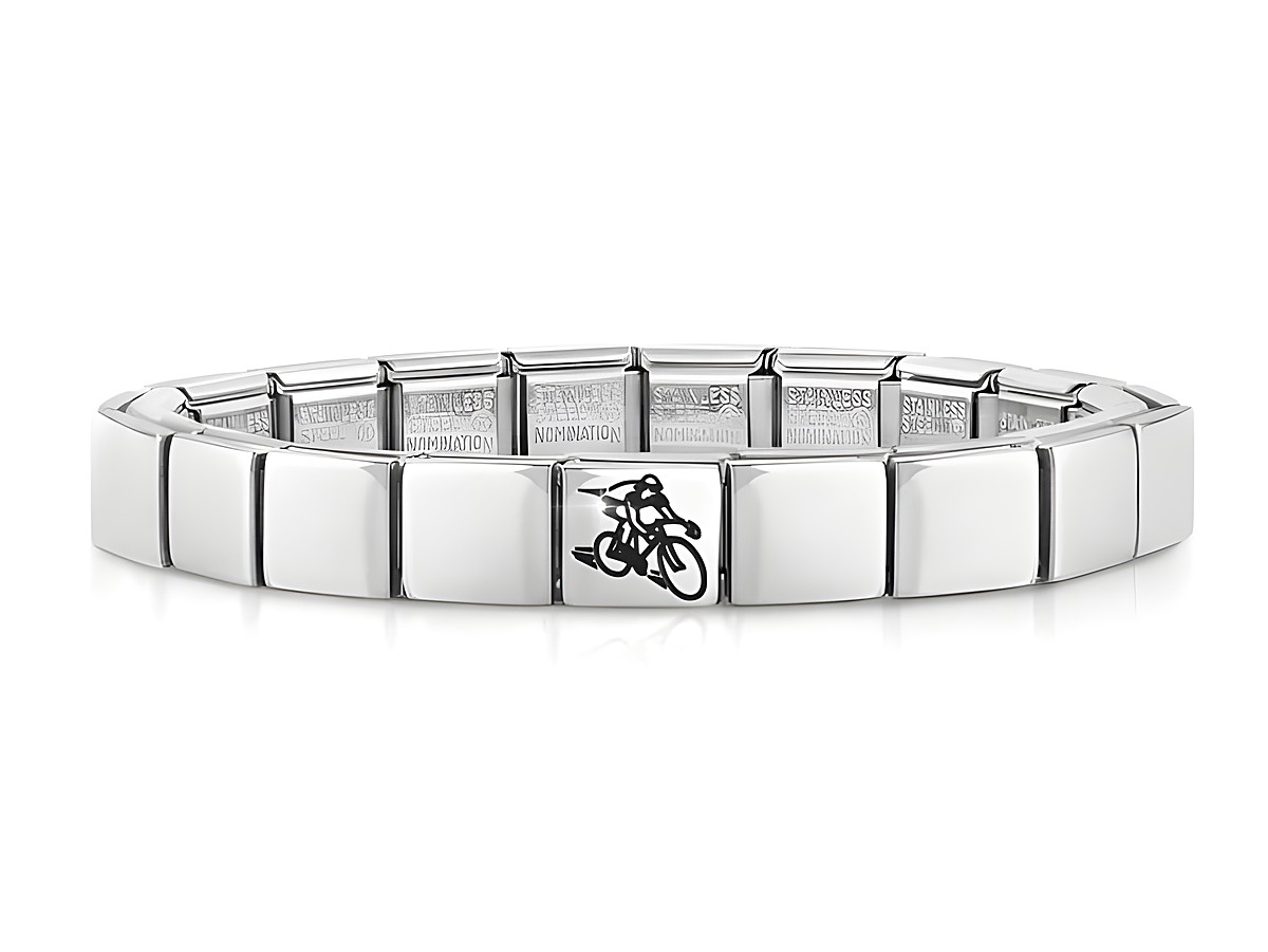 Edelstahl Armband von Nomination mit Radfahrer-Motiv, moderne und stilvolle Gestaltung, ideal für Sportliebhaber und Fans des Radfahrens, hochwertiges Material und langlebige Ausführung.