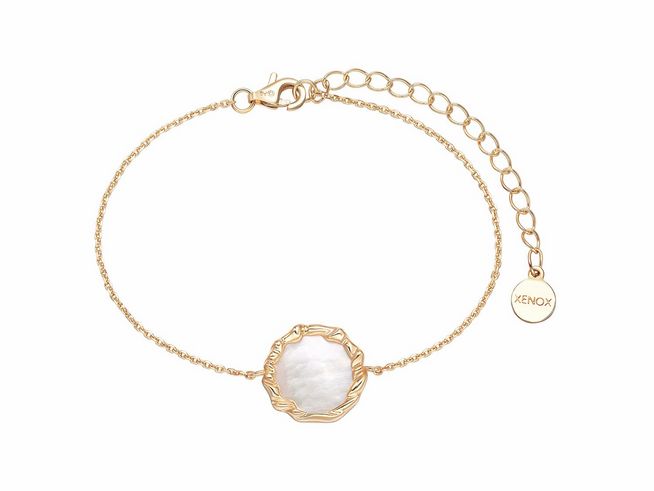 Xenox Sterling Silber Armband XS2232G in gelbgold vergoldet mit Kareekette und einem eleganten, runden Anhänger aus schimmerndem Material, verstellbar von 15 bis 20 cm.