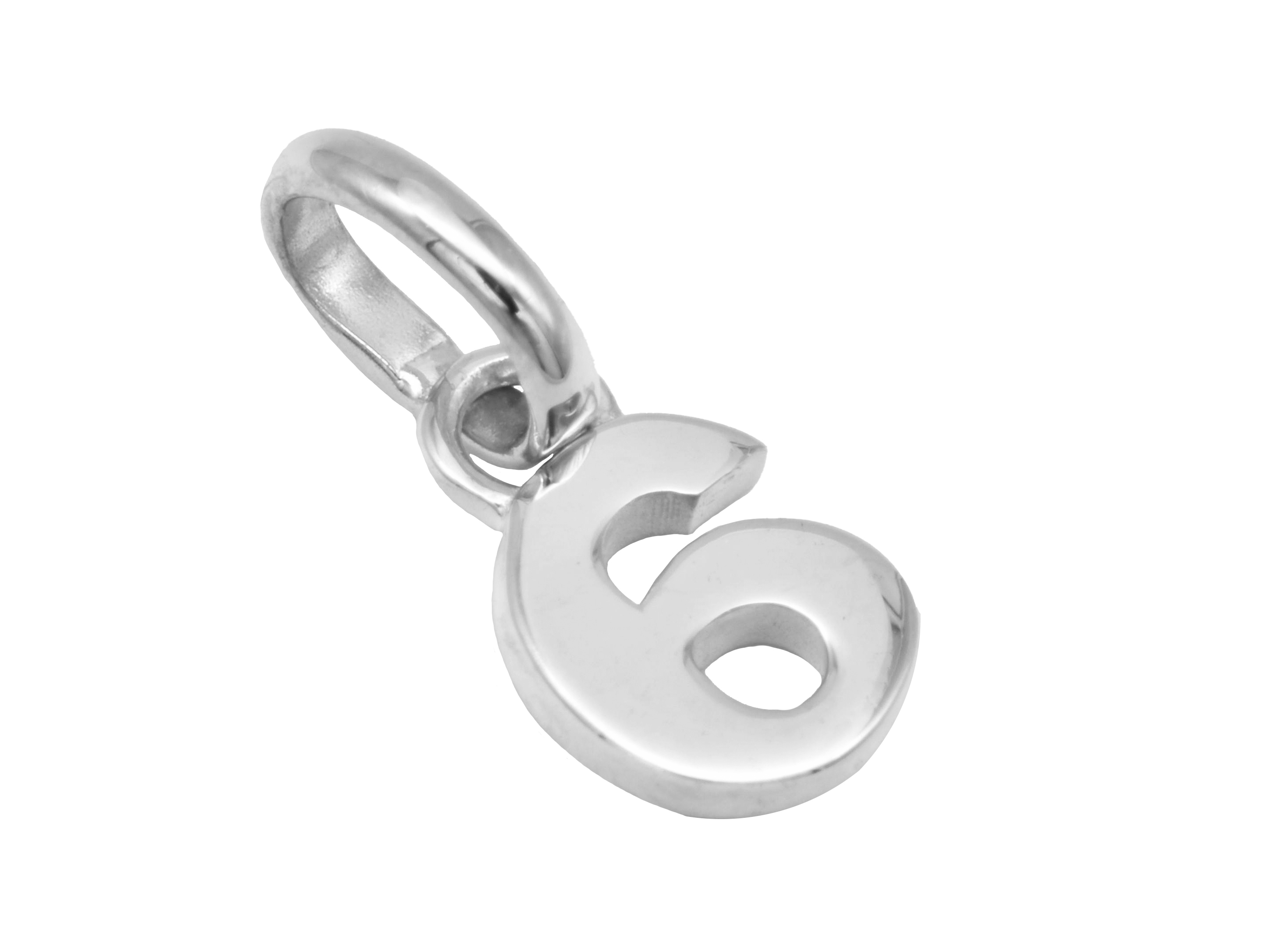 Silber Anhänger Zahl 6 aus rhodiniertem Sterling Silber, poliert. Ideal als Glückszahl, hergestellt von Juwelier Harnisch. Perfekt für persönlichen Schmuck oder Geschenke.