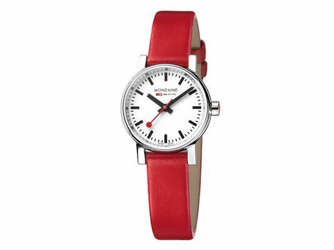 Mondaine Uhr MSE.26110.LCV evo2 aus Edelstahl poliert mit einem Gehäusedurchmesser von 26 mm und rotem Lederarmband, Zifferblatt in Weiß mit schwarzen und roten Akzenten.