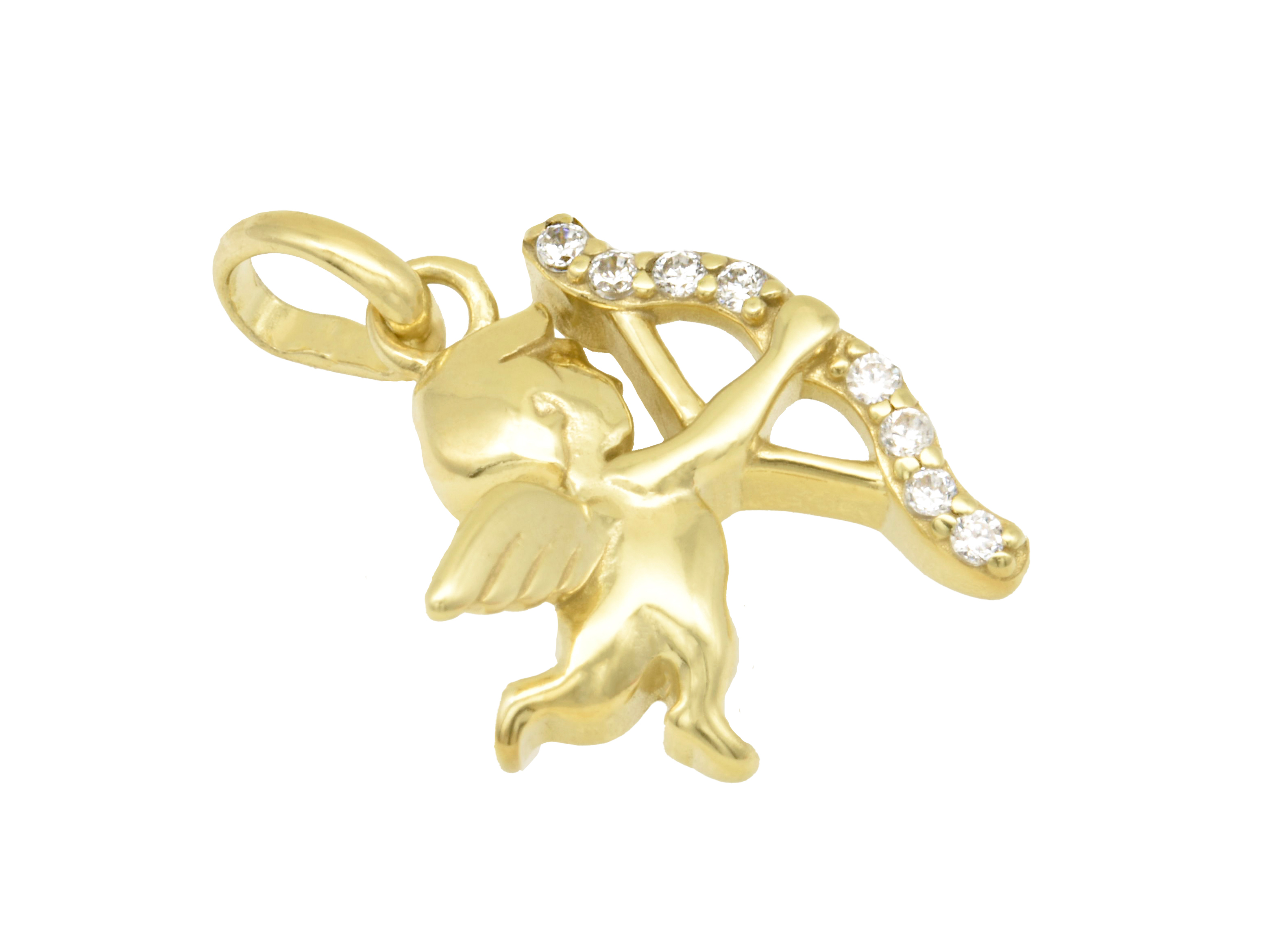 Silber Anhänger in Form eines Engels namens Amor, aus gelbgold vergoldet und poliert, mit Zirkonia verziert, Hersteller Juwelier Harnisch.