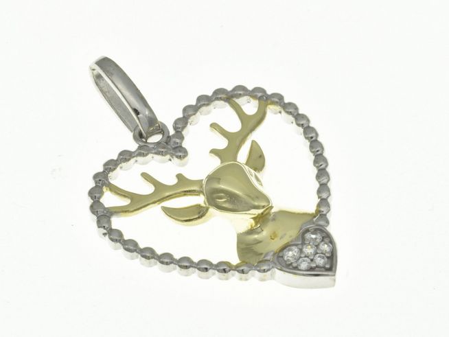 Herzanhänger mit einem Hirschkopf in Bicolor, rhodiniert, aus Sterling Silber. Geweihdetail und Zirkonia-Besatz am Herzen sorgen für besonderen Glanz, Hersteller: Juwelier Harnisch, Perlen & Steine.