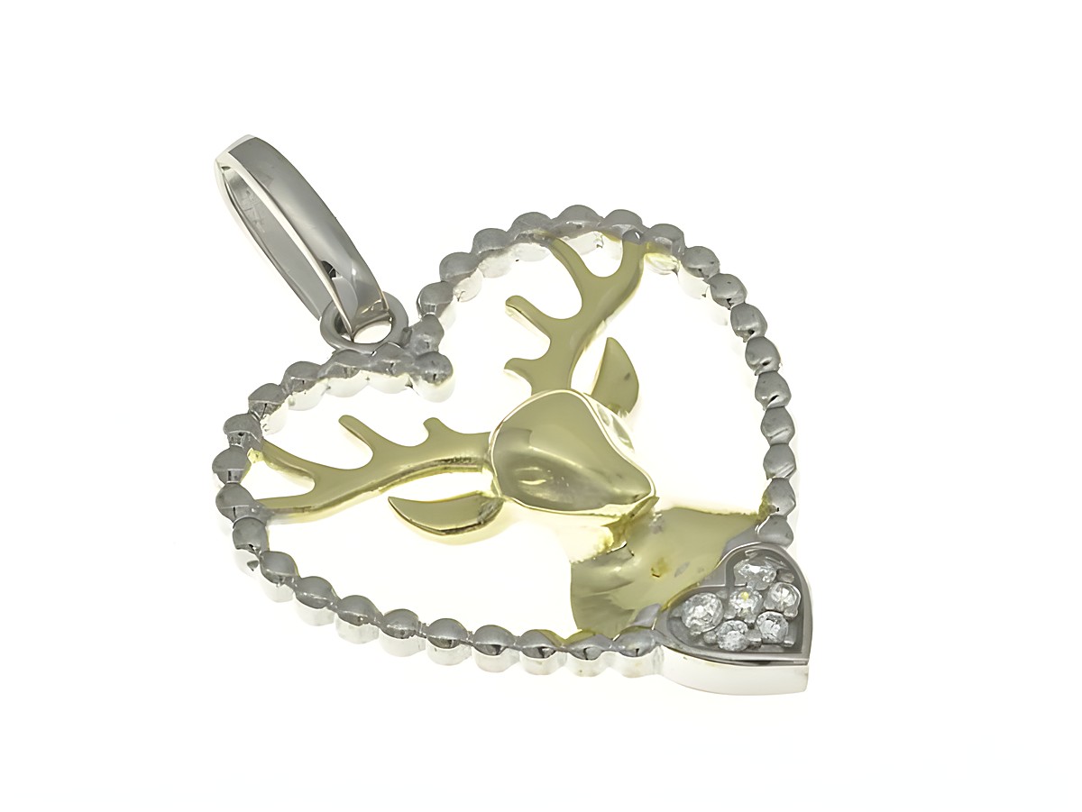 Herzanhänger mit einem Hirschkopf in Bicolor, rhodiniert, aus Sterling Silber. Geweihdetail und Zirkonia-Besatz am Herzen sorgen für besonderen Glanz, Hersteller: Juwelier Harnisch, Perlen & Steine.