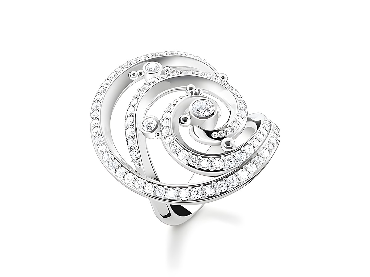 Eleganter Thomas Sabo Ring TR2379-051-14-52 aus Sterling Silber mit Zirkonia in Größe 52, geschwungene Form mit funkelnden Steinen in spiralförmigem Design.