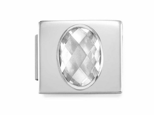 Zirkonia Faceted Edelstahl Charm von Nomination in klassischem Design, ovaler Stein mit facettiertem Schliff in Weiß, Edelstahlrahmen, ideal für personalisierte Armbänder.