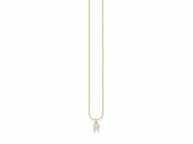 Kette von Thomas Sabo in Silber und Gelbgold vergoldet mit Buchstabe R sowie Zirkonia in Weiß, Länge von 38 bis 45 cm, elegant und modern gestaltet.