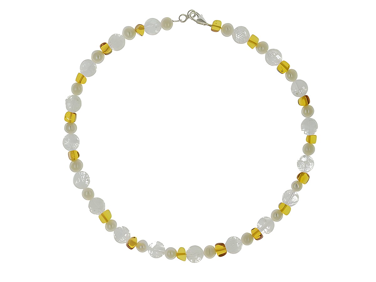 Steinkette aus Bernstein und Bergkristall mit Süßwasser-Zuchtperlen in Weiß und Orange, Länge 44 cm, verschlossen mit Silber, hergestellt von Juwelier Harnisch. – Ansicht 3