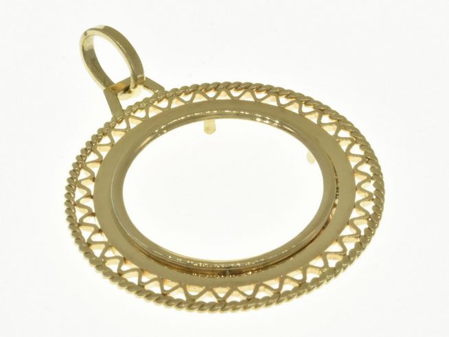 Elegante Münzfassung Anhänger aus 750 Gold, Durchmesser 23,3 mm, mit filigranem Design. Ideal für die Präsentation von Münzen und als stilvolles Schmuckstück geeignet.