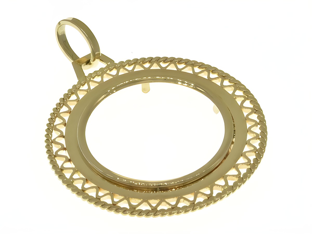 Elegante Münzfassung Anhänger aus 750 Gold, Durchmesser 23,3 mm, mit filigranem Design. Ideal für die Präsentation von Münzen und als stilvolles Schmuckstück geeignet.