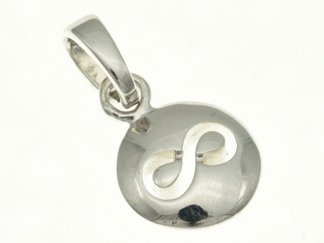 Rund- unendlichkeit Anhänger aus rhodiniertem Sterling Silber mit einem filigranen Unendlichkeitssymbol auf einer glänzenden Oberfläche, hergestellt von Juwelier Harnisch.