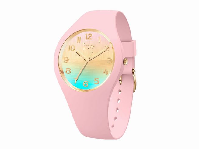 Die Ice Watch ICE Horizon in der Farbe Pink hat ein elegantes, rundes Ziffernblatt mit einem Farbverlauf von Gold zu Blau. Das weiche Silikonarmband bietet einen hohen Tragekomfort und betont den girly Look.