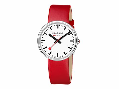 Mondaine SBB Mini Giant BackLight MSX.3511B.LC Damen Armbanduhr mit rotem Lederarmband und weißem Zifferblatt, schwarzer Skala und rotem Sekundenzeiger, elegantes Design.
