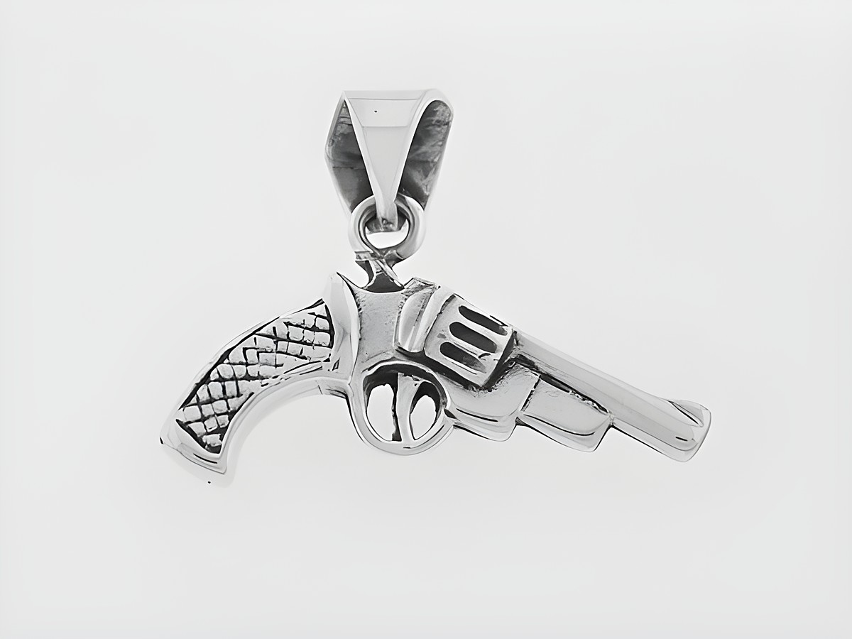 Pistole 925 Sterling Silber Anhänger - Revolver gefertigt von Juwelier Harnisch zeigt detaillierte Gravuren und eine realistische Form, ideal als einzigartiges Schmuckstück.