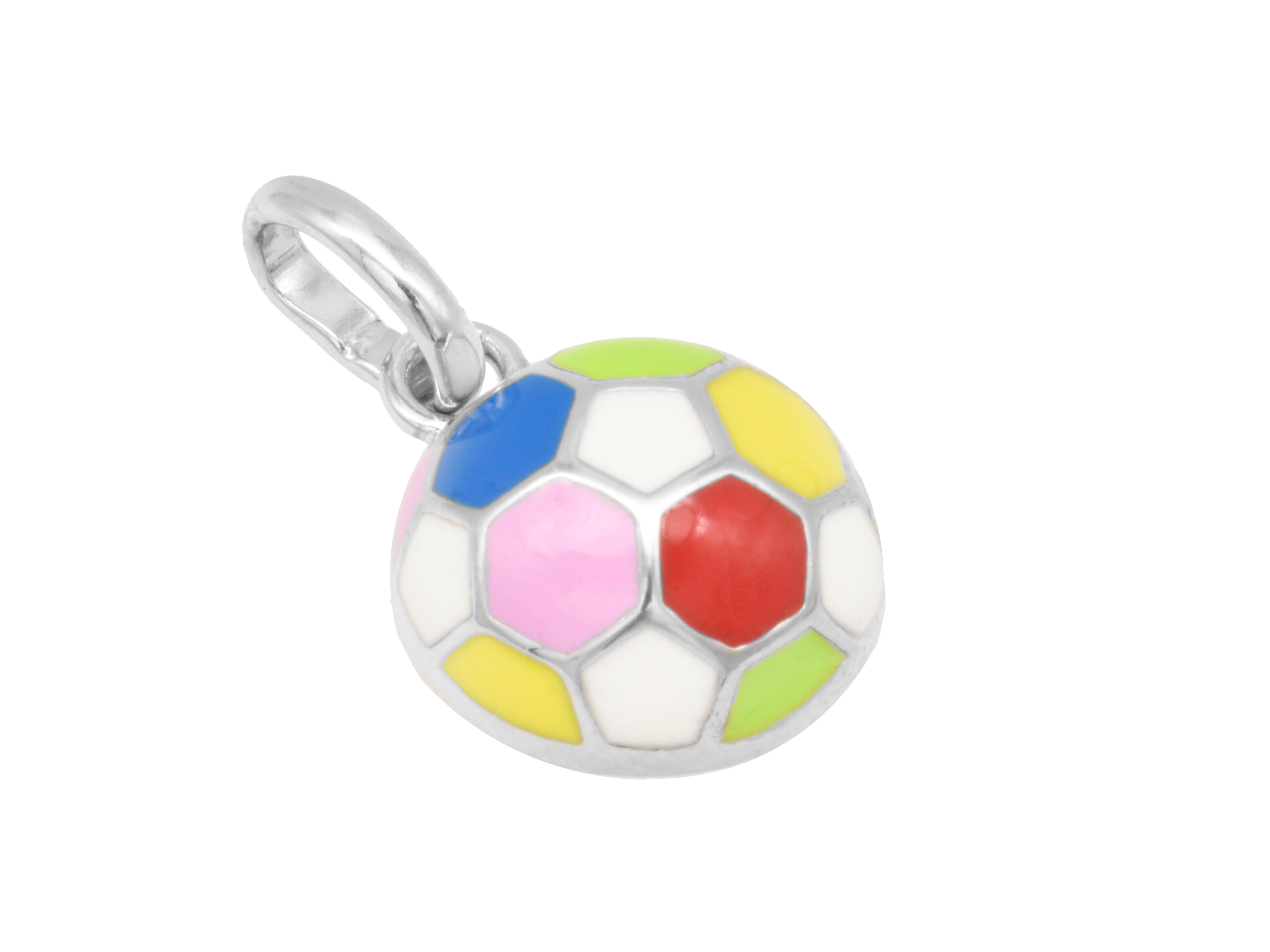 Silber Anhänger in Form eines Fußballs aus Sterling Silber, rhodiniert und poliert, mit bunten Lackdetails, ideal für Kinder, Hersteller Juwelier Harnisch.