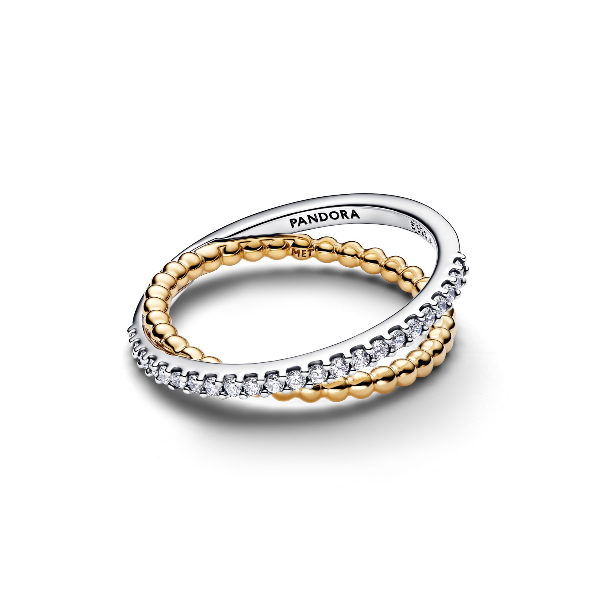 Pandora Gekreuzter Doppel-Bandring mit Kugeln und Pavé - Sterling Silber & Gelbgold Vergoldung - Zirkonia – Ansicht 2