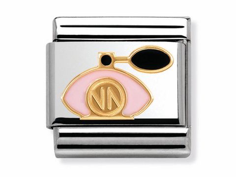 Eleganter Edelstahlarmbandanhänger von Nomination, mit Emaille und Golddetails, der in Form einer Parfumflasche gestaltet ist und das Design MADAME ET MONSIEUR trägt.