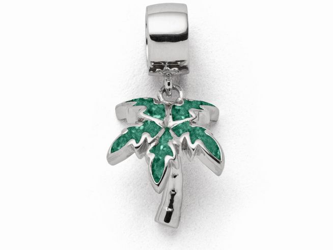 Sterling Silber Charm in Palmenform mit grünem Steinsand, ergänzt durch einen glänzenden Anhänger, ideal für individuelle Schmuckgestaltungen.