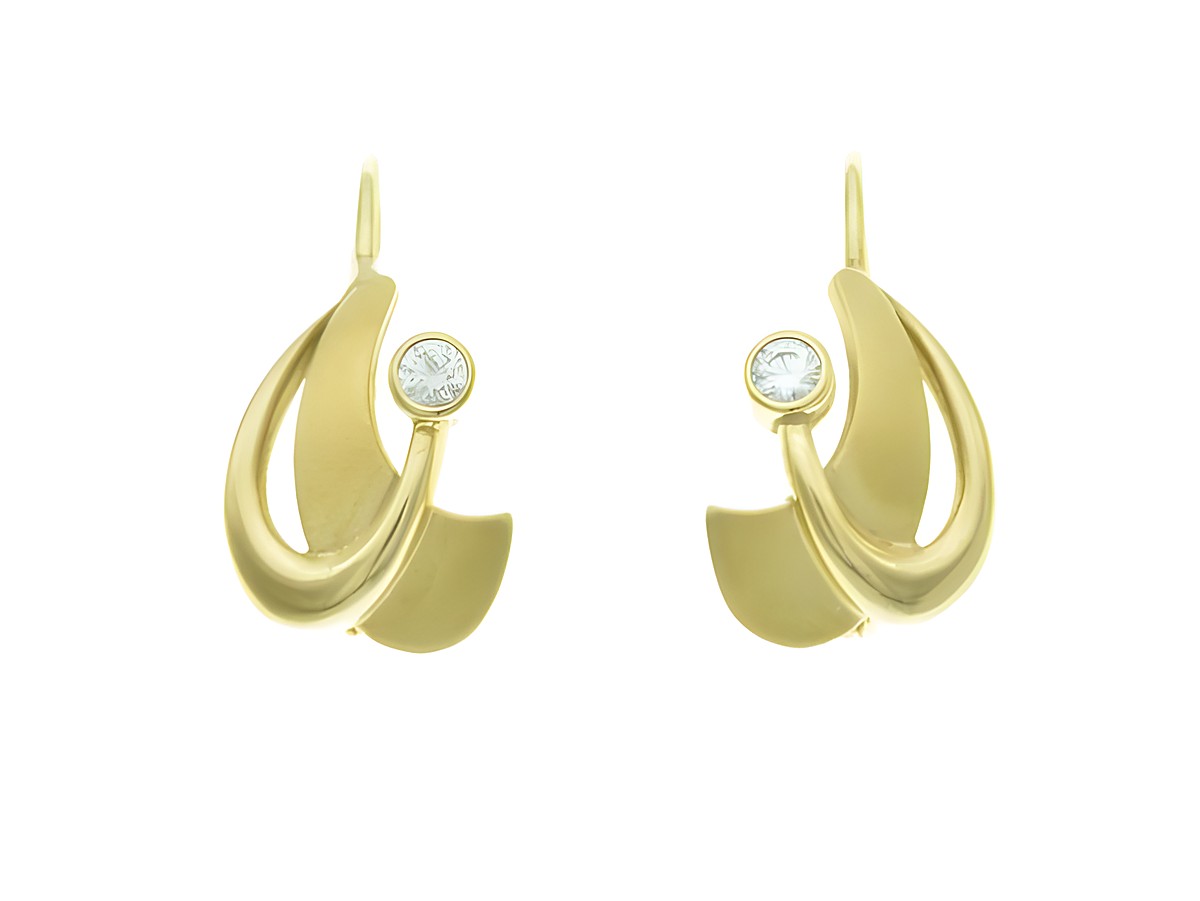 Ohrringe Design Zirkonia Gold 375 verschnörkelt von Juwelier Harnisch, elegante Ohrhänger mit funkelndem Stein in ansprechender Form.