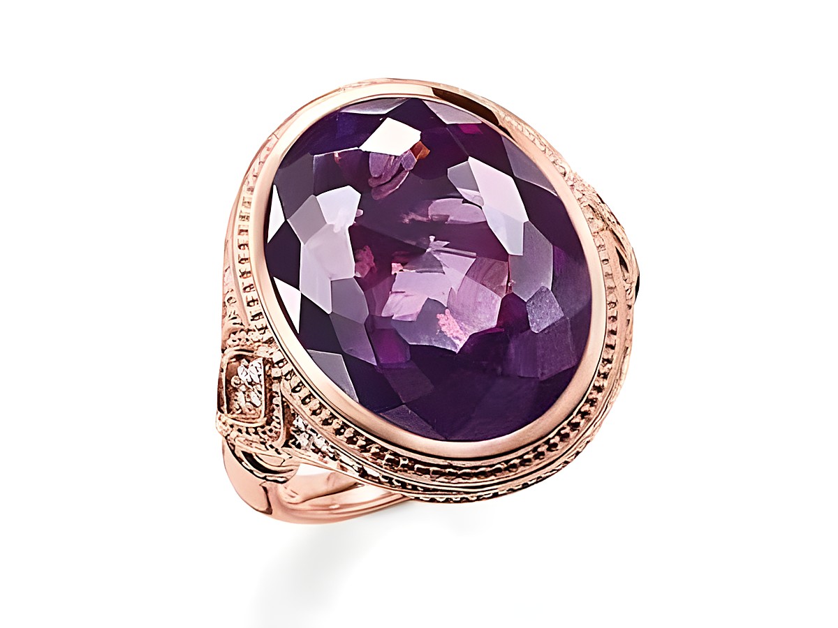 Thomas Sabo Ring aus Silber mit vergoldetem Roségold, Größe 54, mit Zirkonia und ovalem, facettiertem Amethyst in der Mitte. Stilvolles und elegantes Schmuckstück.