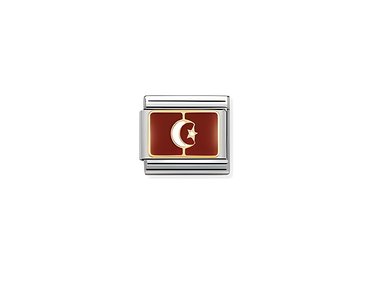 Ein elegantes Schmuckelement von Nomination Classic Afrika in rot mit einem goldenen Halbmond und Stern auf silbernem Hintergrund, ideal für persönliche Armbänder.