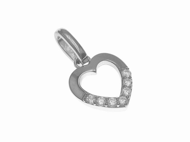 Anhänger aus rhodiniertem Sterling Silber in Herzform, poliert und mit Zirkonia-Steinen besetzt, hergestellt von Juwelier Harnisch, Perlen und Steine.