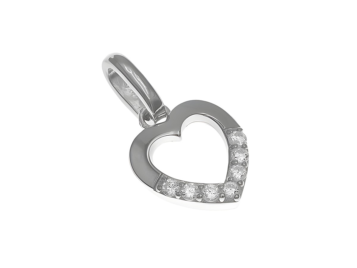 Anhänger aus rhodiniertem Sterling Silber in Herzform, poliert und mit Zirkonia-Steinen besetzt, hergestellt von Juwelier Harnisch, Perlen und Steine.