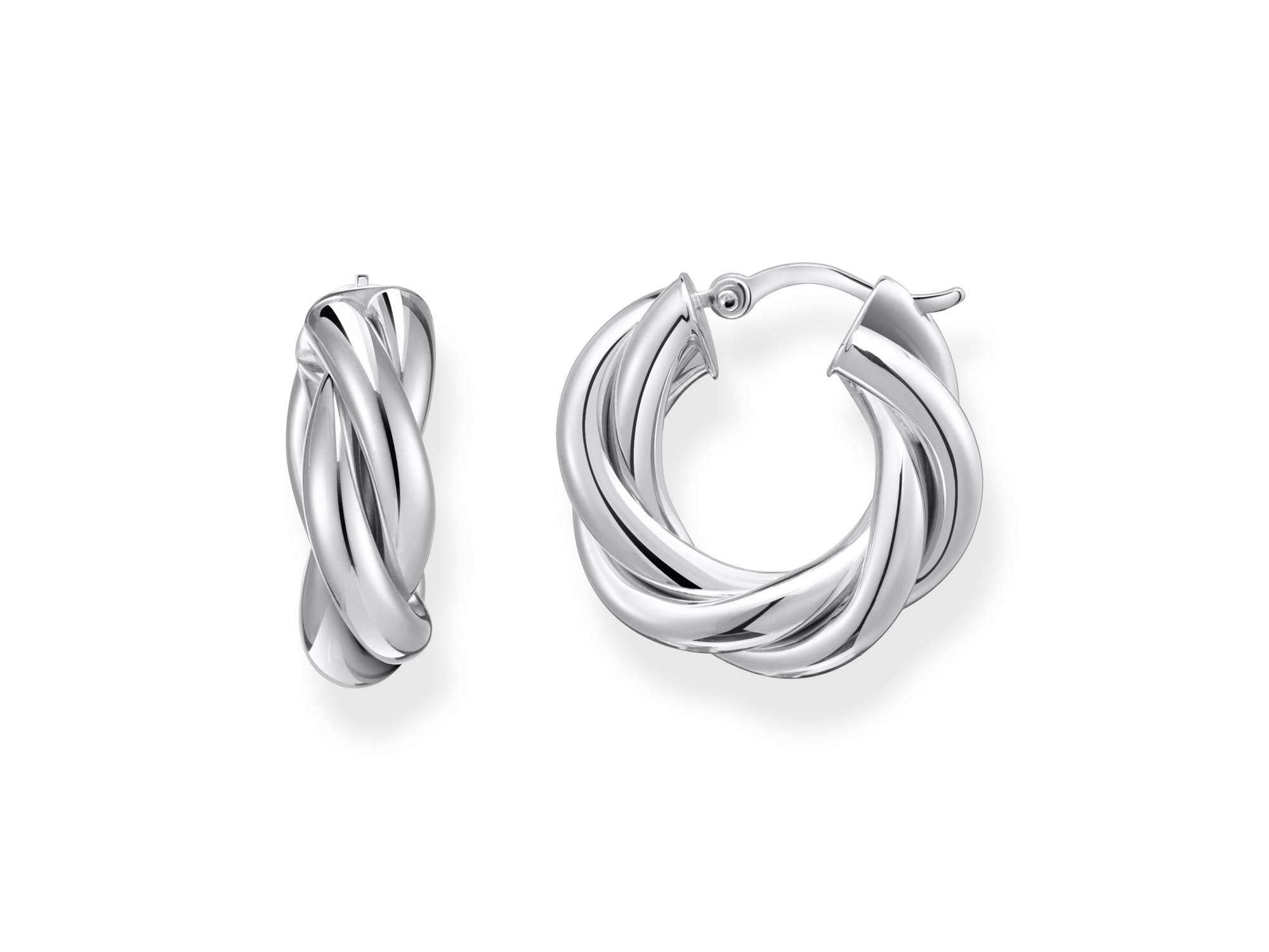 Zwei elegante Creolen aus Silber von Thomas Sabo, Modell CR742-001-21, mit einzigartigem gewundenem Design, ideal für stilvolle Anlässe und alltägliches Tragen.