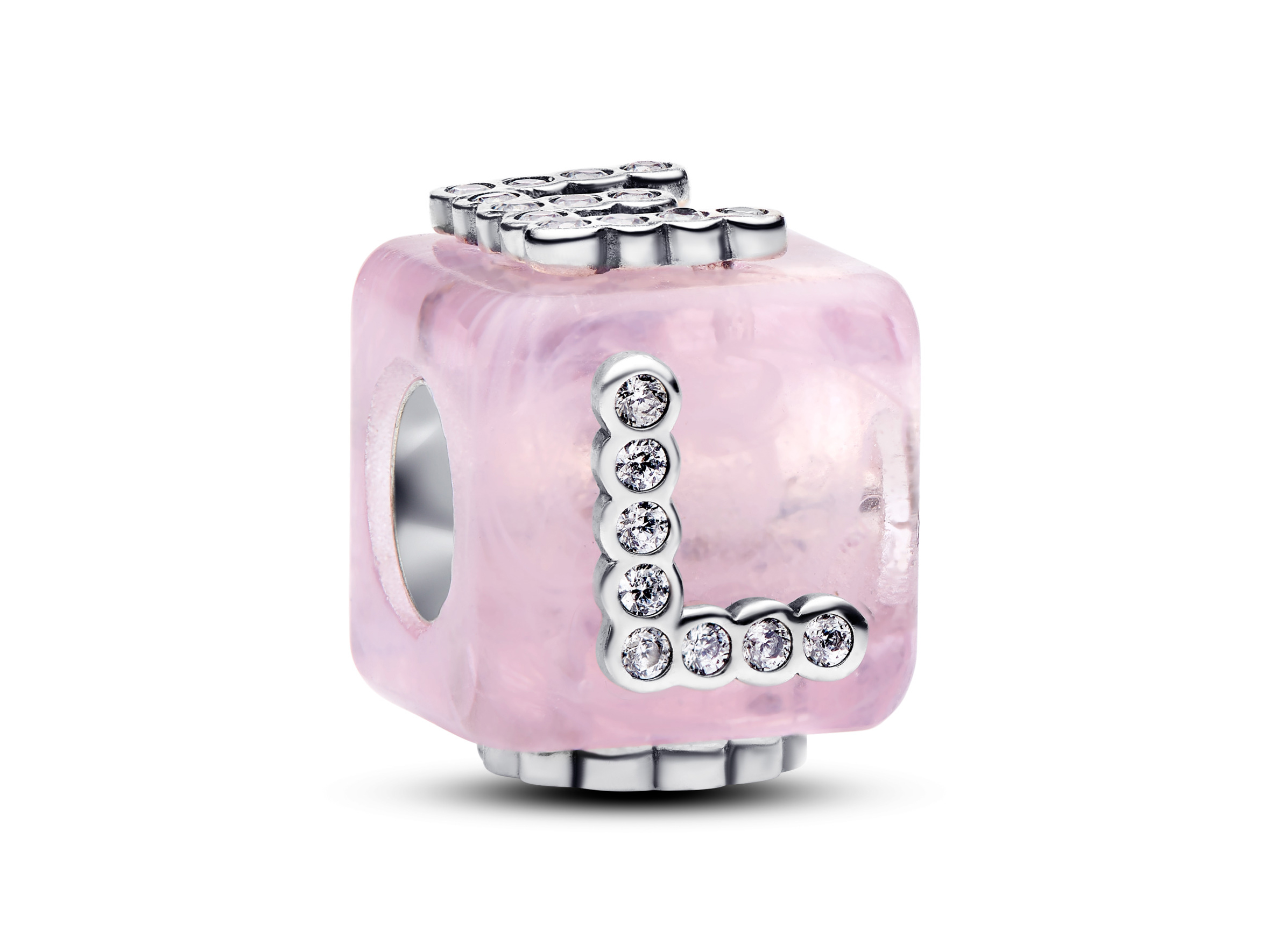 Rosafarbener Murano Glas Liebeswürfel Charm von Pandora mit funkelnden Zirkonia und silbernen Details, elegant gestaltet, ideal für Schmuckliebhaber und besondere Anlässe.