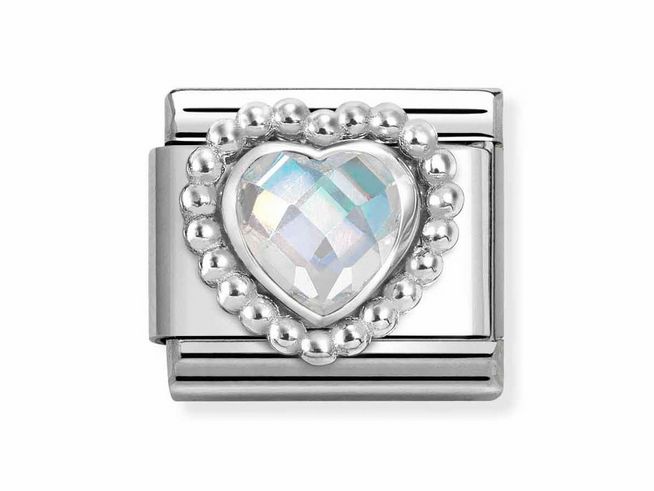 433060610-0 Silberne Herz-Kugelfassung mit facettiertem weißen Zirkonia Stein, umgeben von einer Perlenstruktur, hergestellt von Nomination, ideal für Schmuckliebhaber.