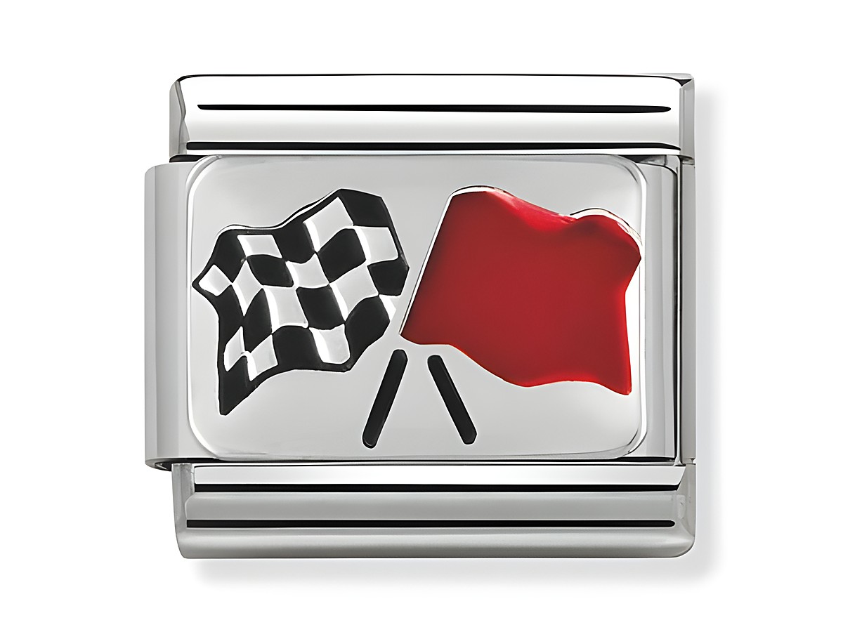 Zweifarbige Rennsport-Motivplatte mit einer Zielflagge in Schwarz-Weiß und einer roten Flagge auf silbernem Hintergrund, ideal für Motorsport-Begeisterte.