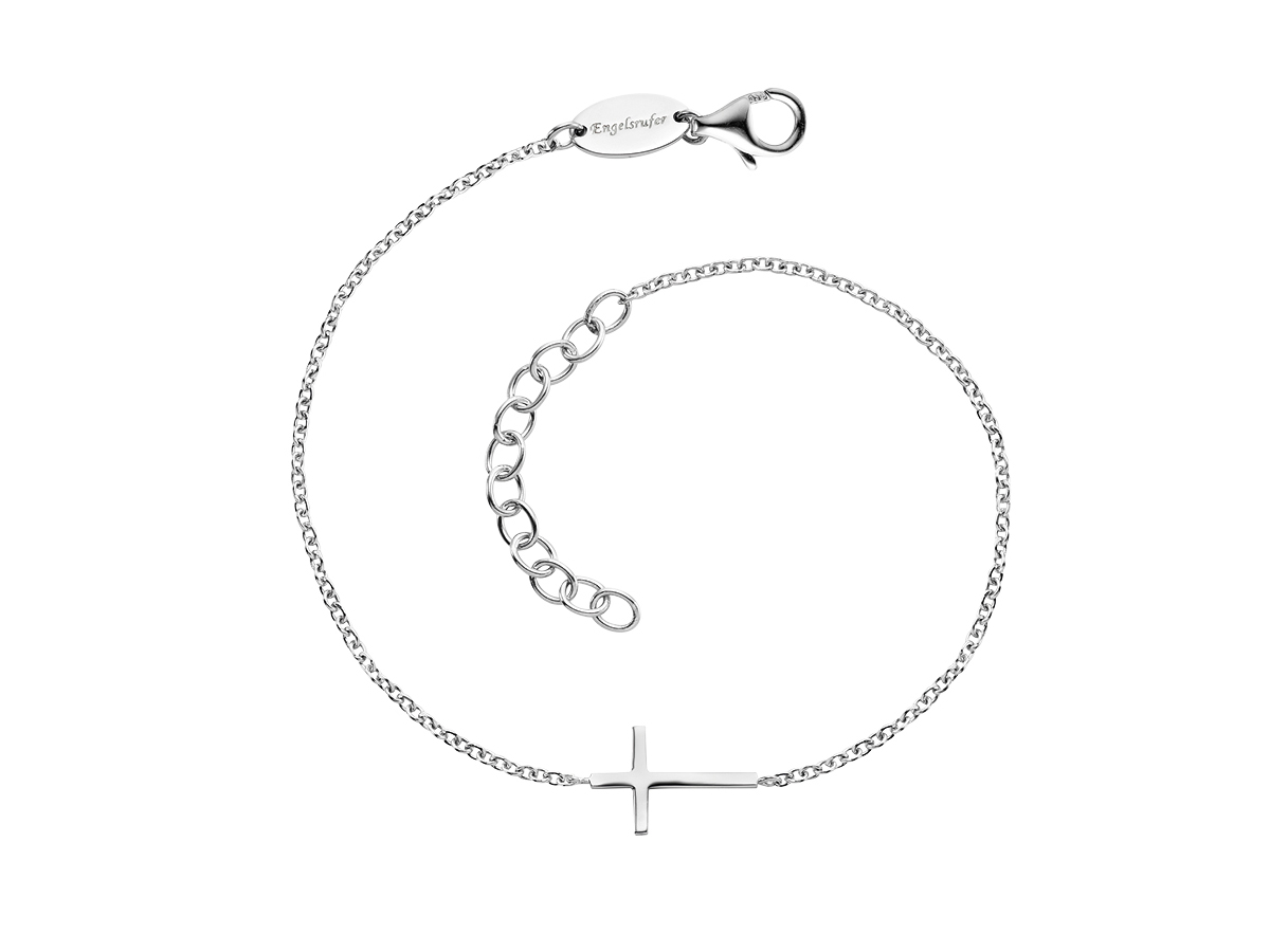 Silbernes Engelsrufer Armband mit einem Kreuzanhänger, rhodiniert, 17 cm lang, feine Gliederkette mit Karabinerverschluss und Verlängerung.