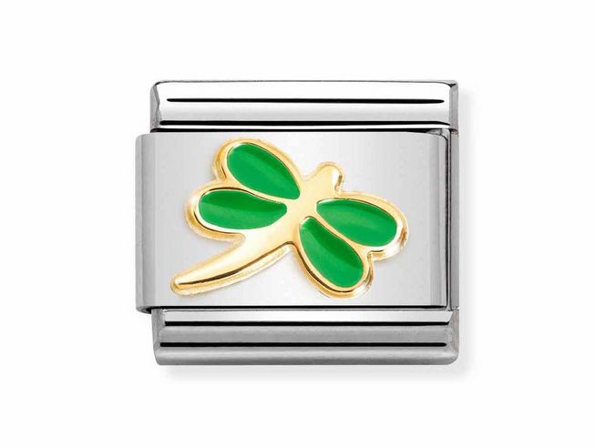 Edelstahl Charm von Nomination mit einer emaillierten Libelle in Apfelgrün und goldenen Akzenten, ideal für eine klassische Schmuckkollektion.