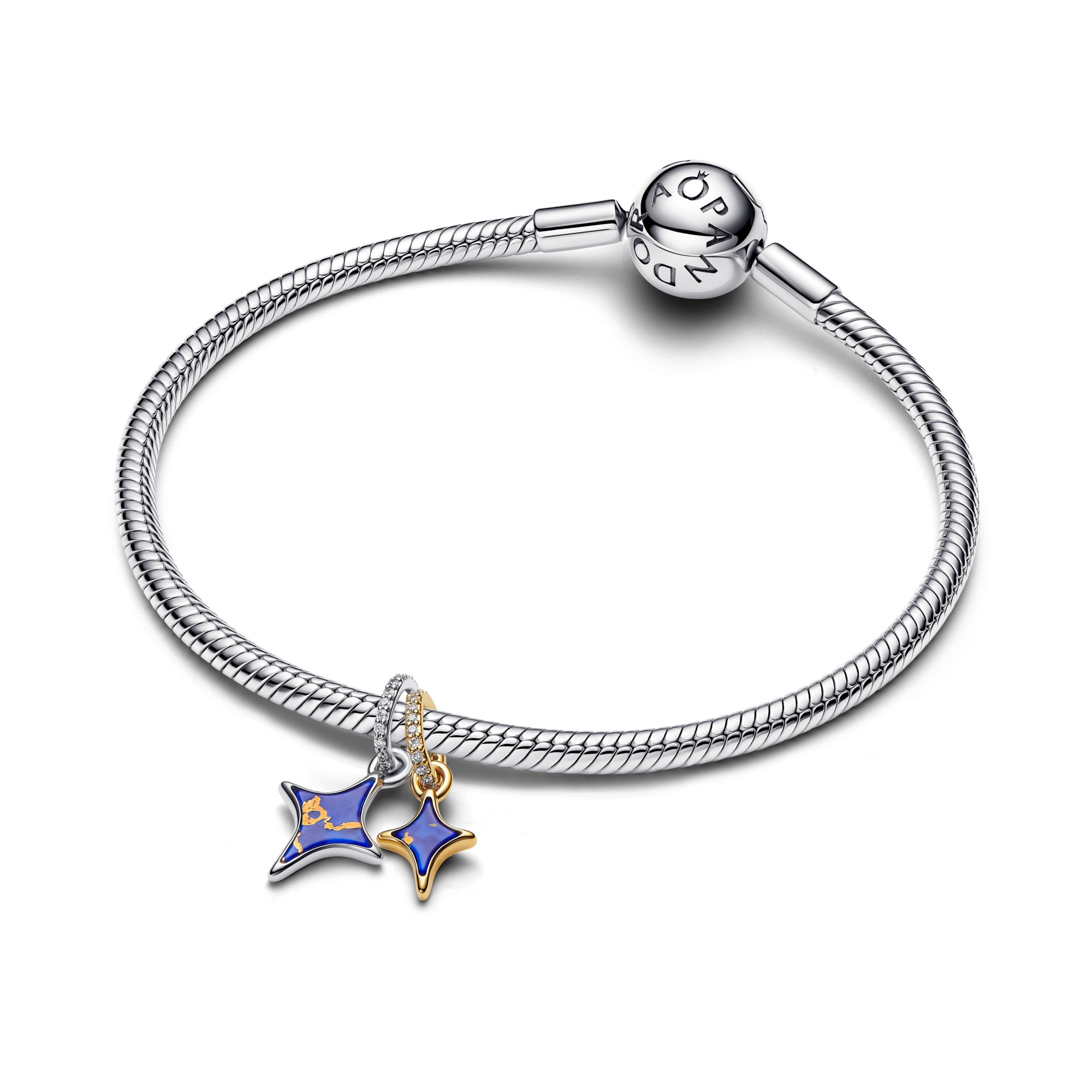 Pandora Moments - Doppel-Hänge-Charm Sterne - Sterling Silber bicolor – Ansicht 3