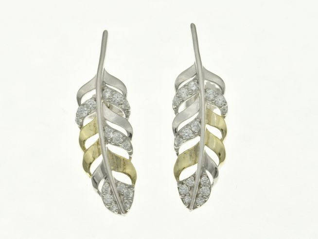 Feder Ohrstecker aus rhodiniertem Sterling Silber in Bicolor mit Gelbgold, verziert mit funkelnden Zirkonia, elegant und verspielt, hergestellt von Juwelier Harnisch.