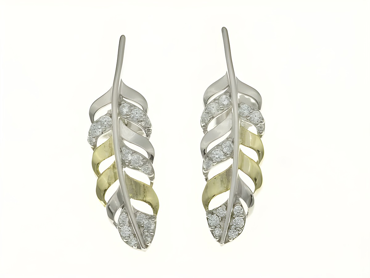 Feder Ohrstecker aus rhodiniertem Sterling Silber in Bicolor mit Gelbgold, verziert mit funkelnden Zirkonia, elegant und verspielt, hergestellt von Juwelier Harnisch.