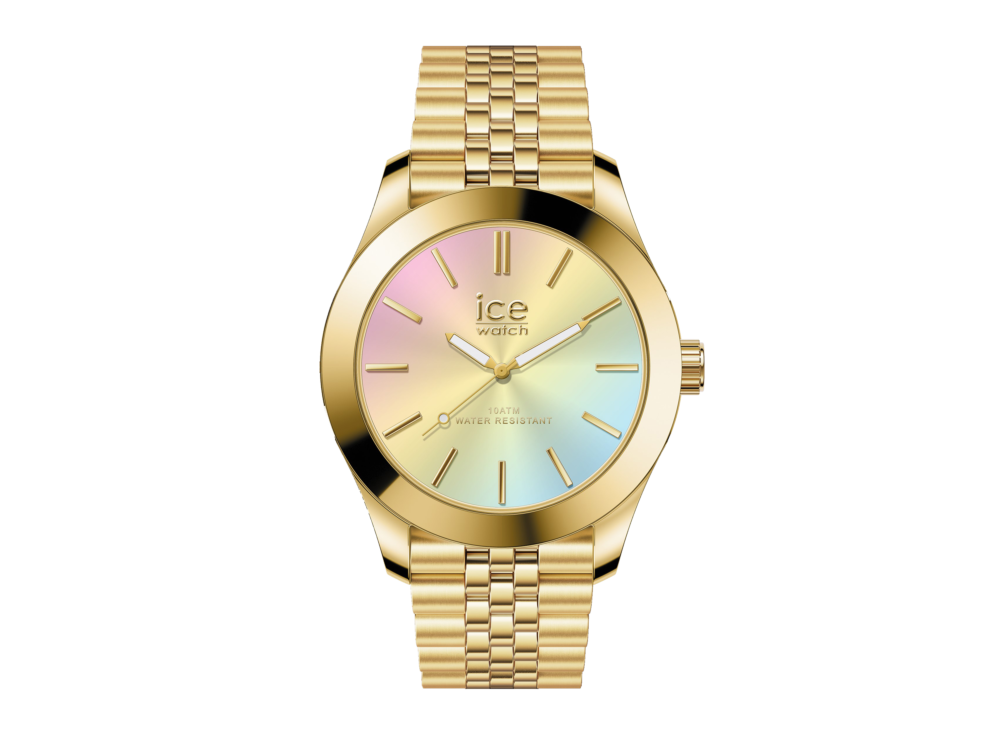 Edelstahlarmbanduhr von Ice Watch in Gold mit buntem Ziffernblatt in Regenbogenfarben, Modell 024747 ICE steel - Gold, elegant und wasserfest, Größe Small.