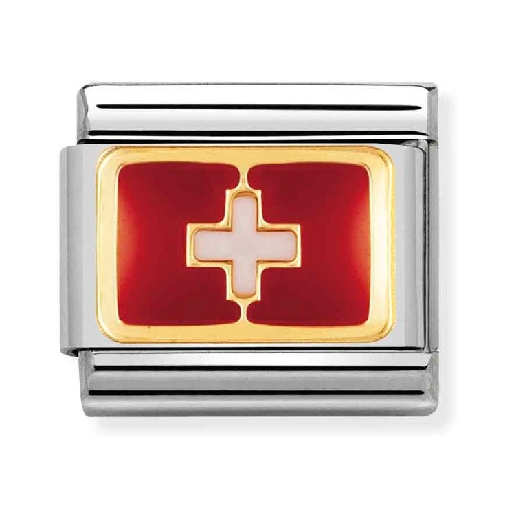 Nomination Composable Classic Charm Flagge Schweiz - Edelstahl, Gold 750 Gelbgold, Emaille