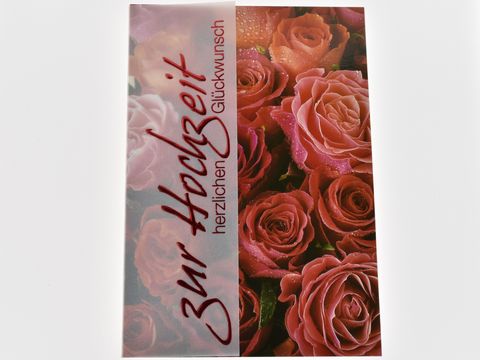 Hochzeitskarte mit roten Rosen, verziert mit dem Text zur Hochzeit und herzlichen Glückwünschen, Hersteller Juwelier Harnisch, ideal für Hochzeitsgeschenke.
