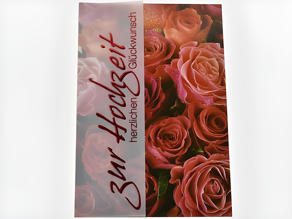 Hochzeitskarte mit roten Rosen, verziert mit dem Text zur Hochzeit und herzlichen Glückwünschen, Hersteller Juwelier Harnisch, ideal für Hochzeitsgeschenke.