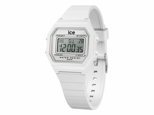 Einfache Ice Watch Uhr 022899 in Weiß mit silberfarbenem Display, digitale Zeitanzeige, wasserfest bis 30 Meter, geeignet für kleine Handgelenke, modernes Design von Ice Watch.