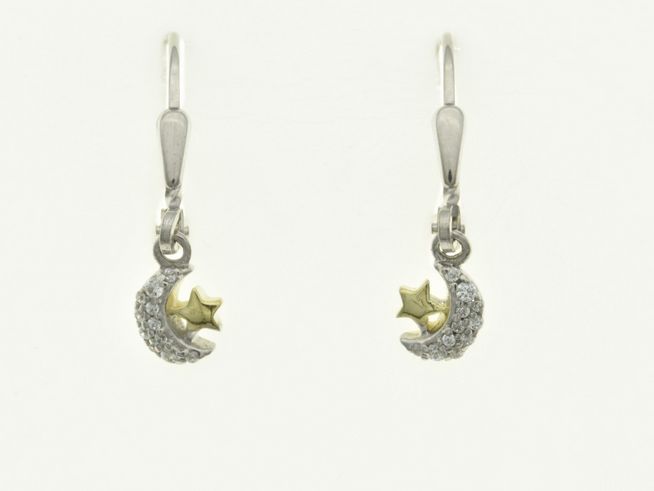 Zwei filigrane Ohrhänger in Bicolor aus rhodiniertem Sterling Silber, gestaltet als Mond mit einem funkelnden Zirkonia-Streifen und einem goldenem Stern. Perfektes Accessoire für Vielfalt.