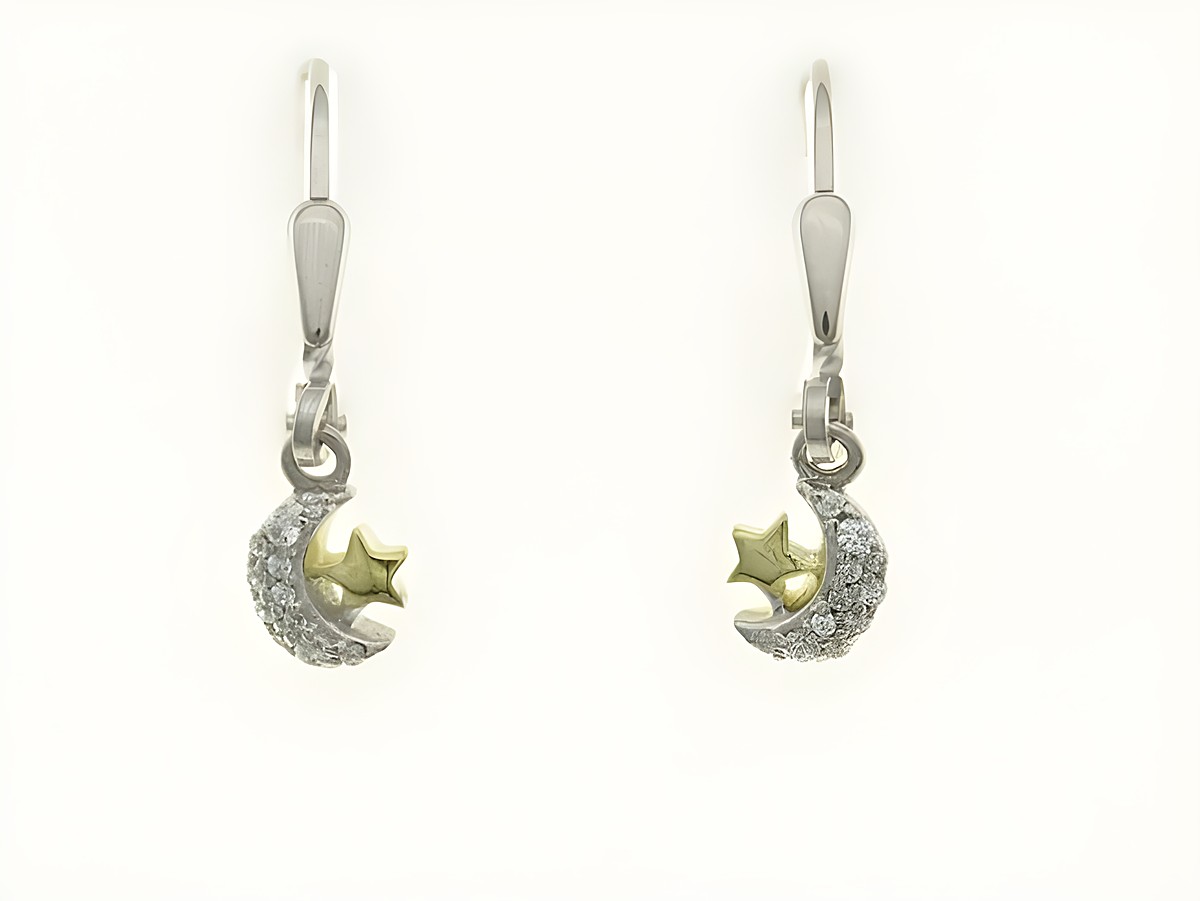 Zwei filigrane Ohrhänger in Bicolor aus rhodiniertem Sterling Silber, gestaltet als Mond mit einem funkelnden Zirkonia-Streifen und einem goldenem Stern. Perfektes Accessoire für Vielfalt.