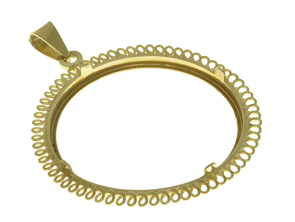 Elegante Münzfassung aus 585 Gold mit dekorativem Rand, passend für Münzen mit einem maximalen Durchmesser von 26,4 mm, hergestellt von Juwelier Harnisch. – Ansicht 2
