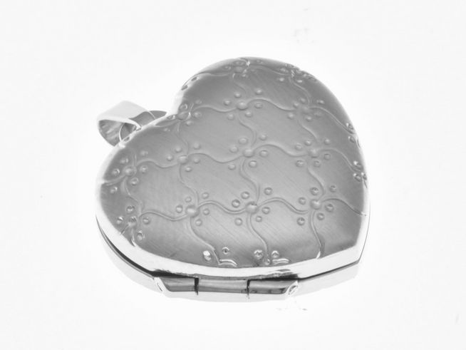 Medaillon in Herzform aus Sterling Silber, rhodiniert und teilmattiert, reizend gestaltet, Hersteller Juwelier Harnisch. Elegant und romantisch, ideal als Geschenk.