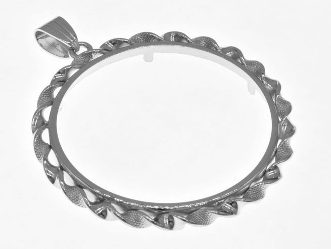 Münzfassung Anhänger aus rhodiniertem 925 Sterling Silber mit Kordel, geeignet für Münzen bis 4,0 cm Durchmesser, hergestellt von Juwelier Harnisch.