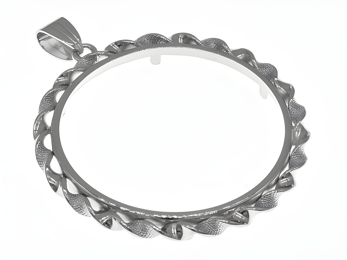 Münzfassung Anhänger aus rhodiniertem 925 Sterling Silber mit Kordel, geeignet für Münzen bis 4,0 cm Durchmesser, hergestellt von Juwelier Harnisch.