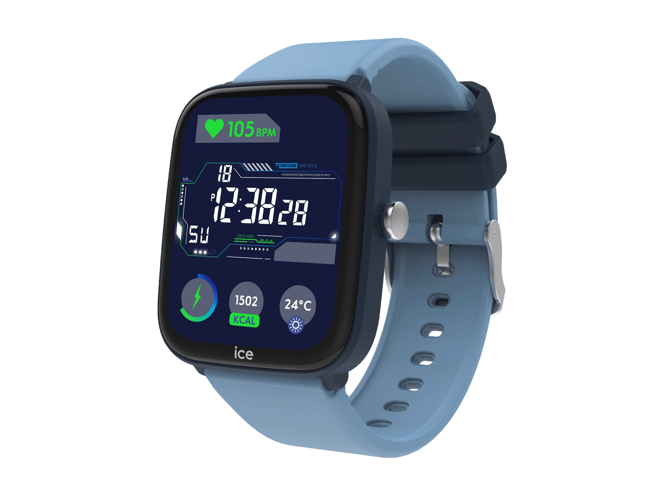Die Ice Watch 024296 ICE smart junior 3.0 Smartwatch in Blau und Hellblau hat ein digitales Display, das die Herzfrequenz und Temperatur anzeigt, und ein modernes Design mit runden Ecken.